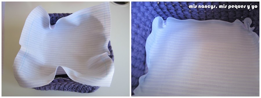 mis nancys, mis peques y yo, tutorial DIY funda cestas, introducir tela base en la cesta