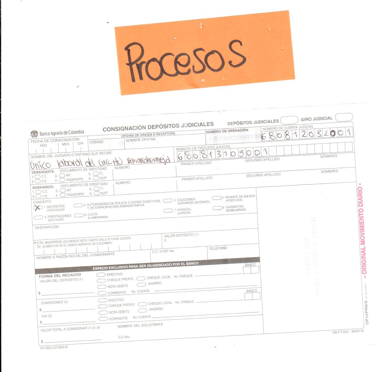 Juzgado Único Laboral de Barrancabermeja. Consignaciones que se