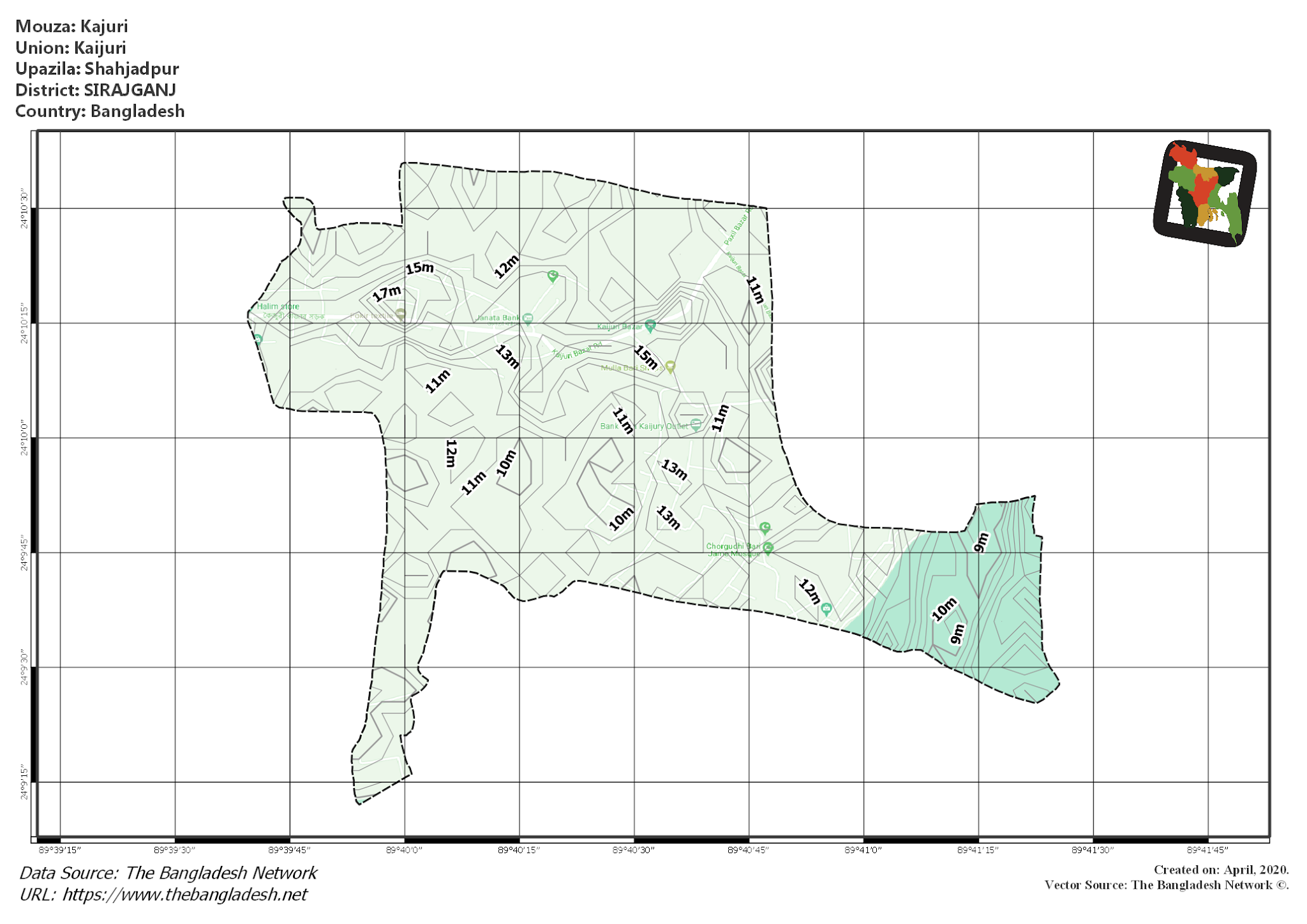 Map of Kajuri Mouza of Shahjadpur Upazila, SIRAJGANJ, Bangladesh.