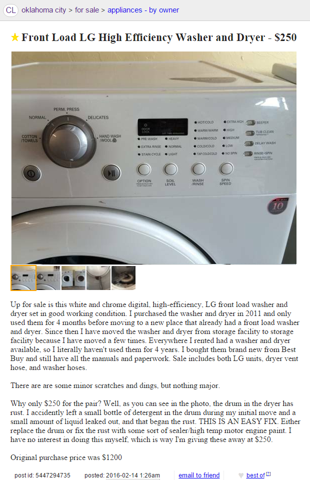 Craigslist: LG Front Load Washer & Dryer Set — $250 ...