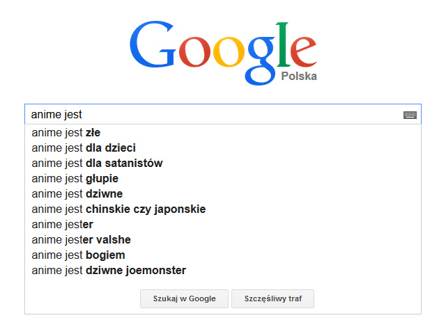 Według Google anime jest złe, dla dzieci, satanistów, głupie, chińskie czy japońskie, a także bogiem