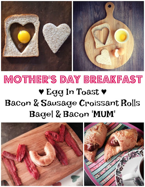 www.foodiequine.co.uk Breakfast in Bed for Mother's Day just got creative with a selection of quick and easy ideas that can be made by kids of all ages, with perhaps a little help from Dad for the younger ones. Say good morning to Egg in Toast, Bacon and Sausage Croissant Rolls and Bacon and Bagel 'Mum'.