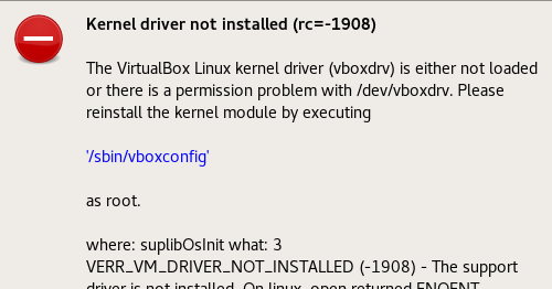 Virtualbox kernel driver not installed rc 1908