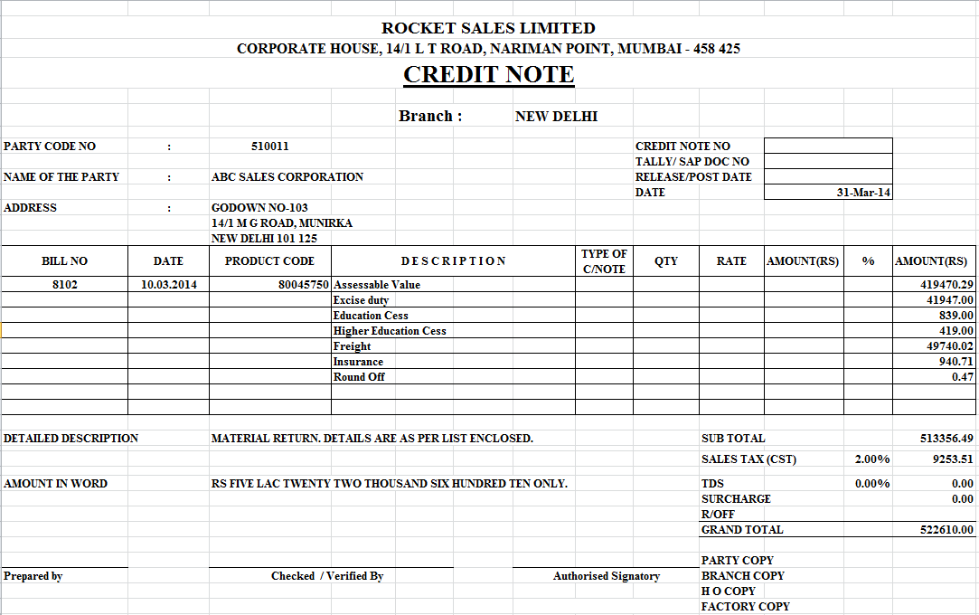 Credit Note Format In Excel