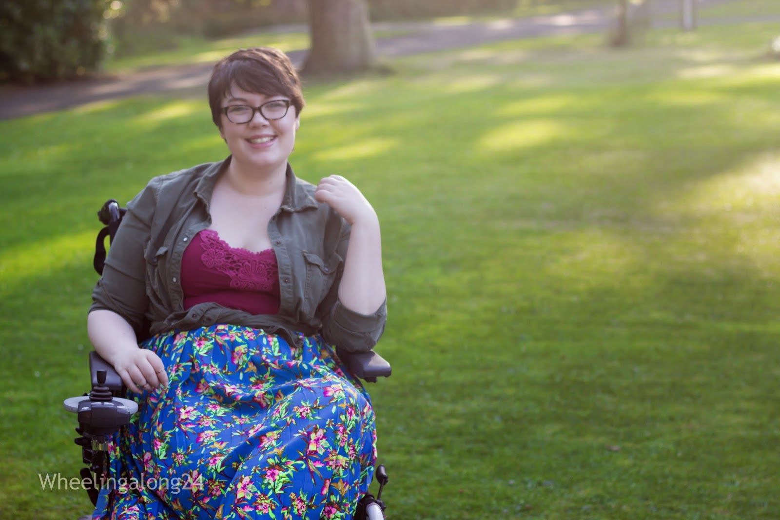 Summer wheelchair fashion bright floral joy skirt khaki zara shirt