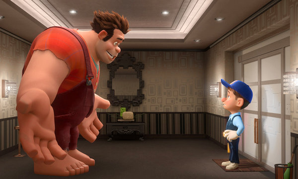Fix-It Felix Jack McBrayer confronts Wreck-It Ralph animatedfilmreviews.filminspector.com