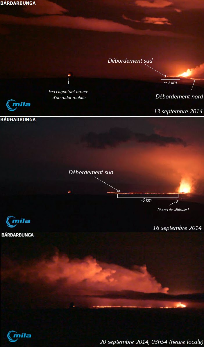 Evolution de la coulée de la ve du volcan Bardarbunga (Bárðarbunga), dans la plaine d'Holuhraun entre les 13 et 20 septembre 2014