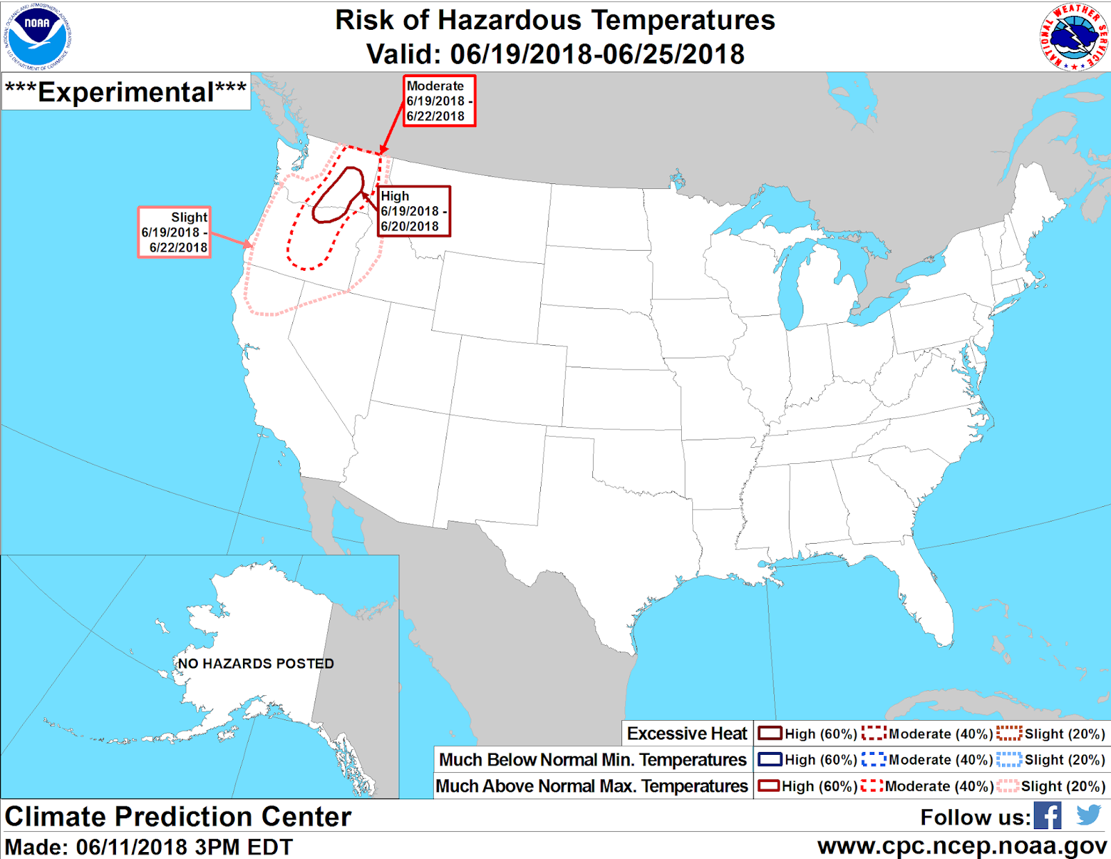 this experimental product from the climate prediction center issued today jun 11th shows a high risk 60 of excessive heat across the columbia basin on this experimental product from the climate prediction center issued today jun 11th shows a high risk 60 of excessive heat across the columbia basin on