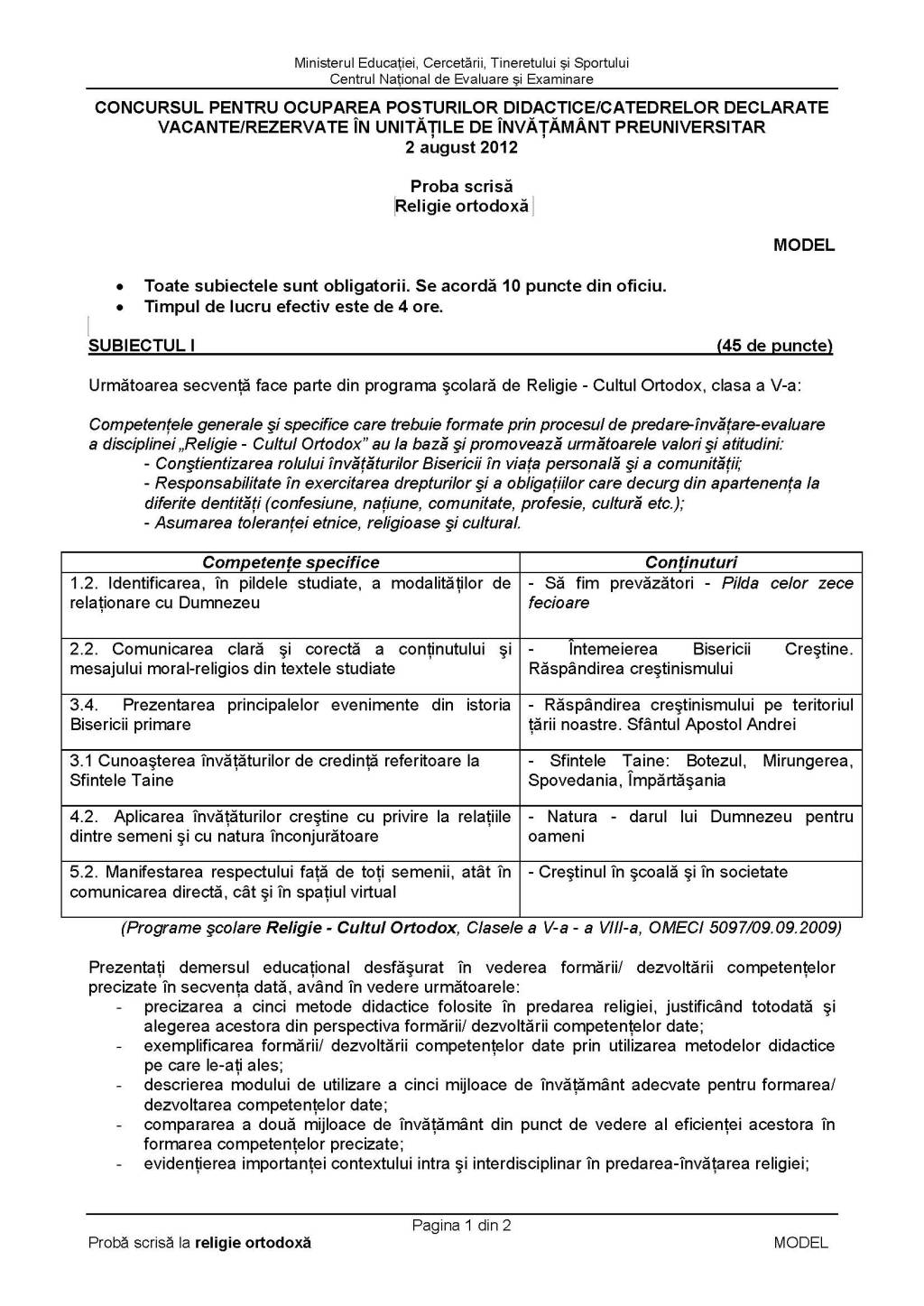 Subiecte Variante Si Rezolvari Pentru Examene Nationale 2020 Subiect Model Religie Ortodoxa Titularizare 2012