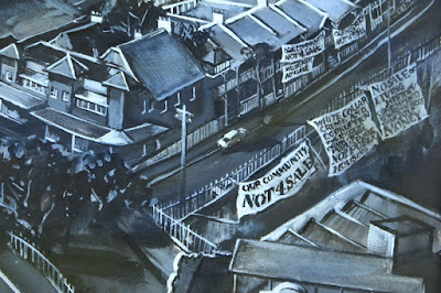 Detail of ink charcoal gouache drawing on paper of Barangaroo and Millers Point, Walsh Bay Wharves, Sydney Harbour Bridge and Hammerhead Crane from the Harbour Control Tower by industrial heritage artist Jane Bennett