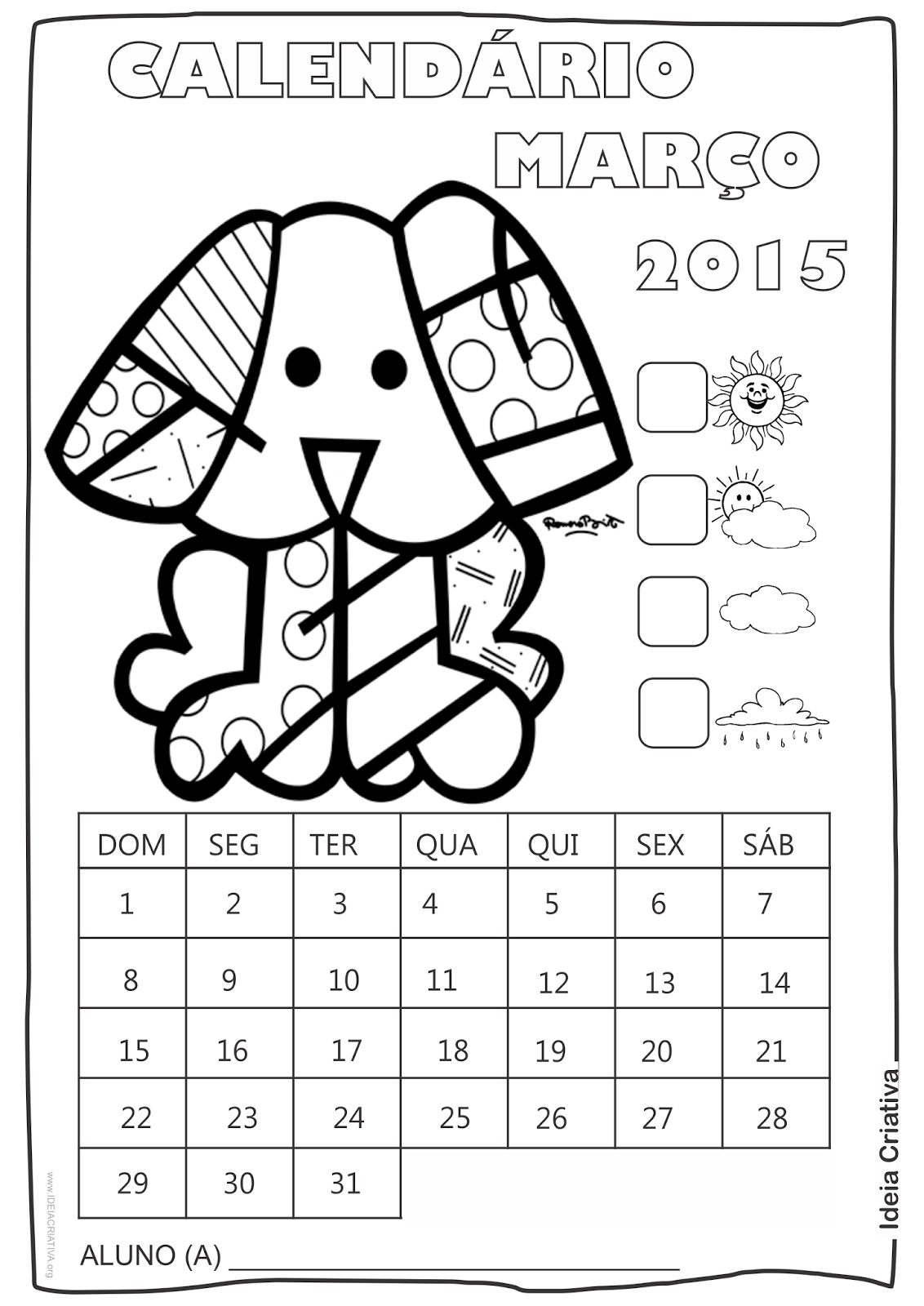 Calendário Abril 2015 com Desenho Cãozinho de Romero Britto para Colorir