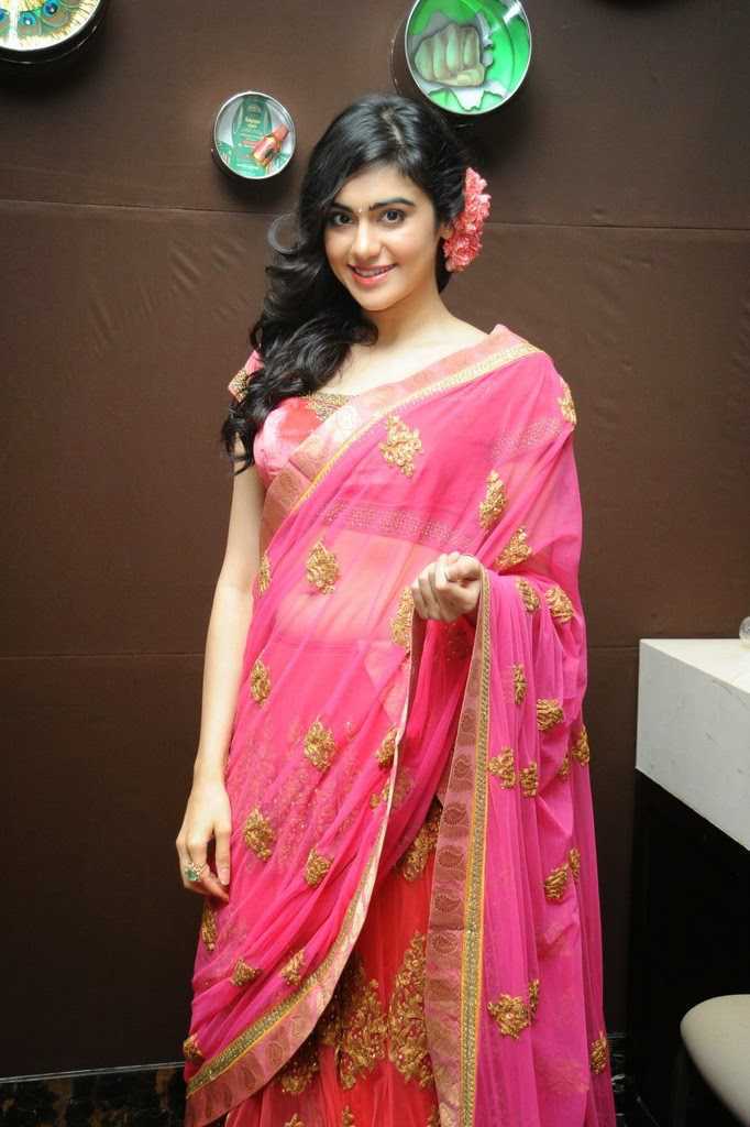 Beautiful Telugu Girl Adah Sharma Long Hair Stills In Transparent Pink Saree