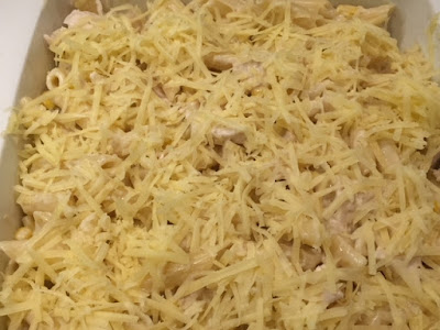 cheese sprinkled on the top of the pasta bake