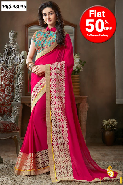 Latest Designer Pink Georgette Party Wear Saree Online Shopping With Bumper Discount Sale