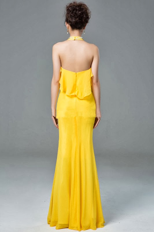 Halter Neck Backless Yellow Dress My Gown Dress