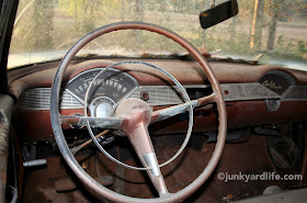 But this 1956 Chevy was somehow equipped with an automatic transmission indicated on the instrument cluster AND also a manual transmission indicated by the three pedals which appear to be of factory issue.