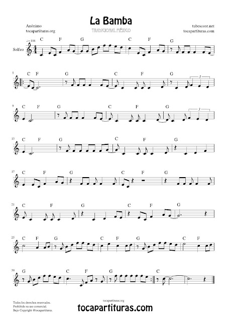 Partitura para Solfear Entonación y Ritmo Fácil de La Bamba Sheet Music for Solfeggio Music Scores