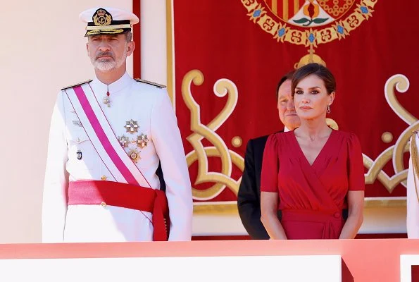 Queen Letizia wore a new crepe midi Suzie dress by Cherubina which is a Seville based Spanish fashion brand