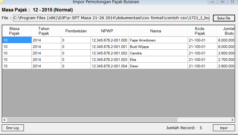 Cara input datadata untuk eSPT PPh 21 dengan metode impor csv