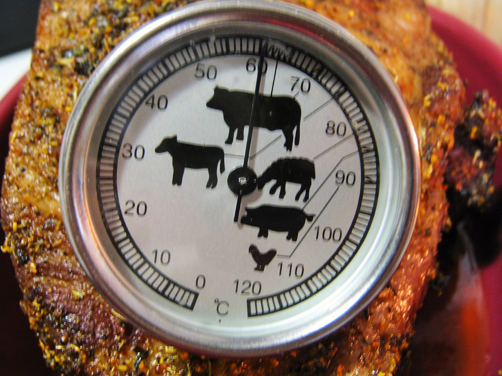 termometro da carne nel collo di maiale in cottura
