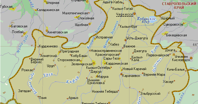 карта географическая карта карачаево черкесской республики. сколько ехать до карачаево черкесии. расстояние от кисловодска до карачаево черкесии.