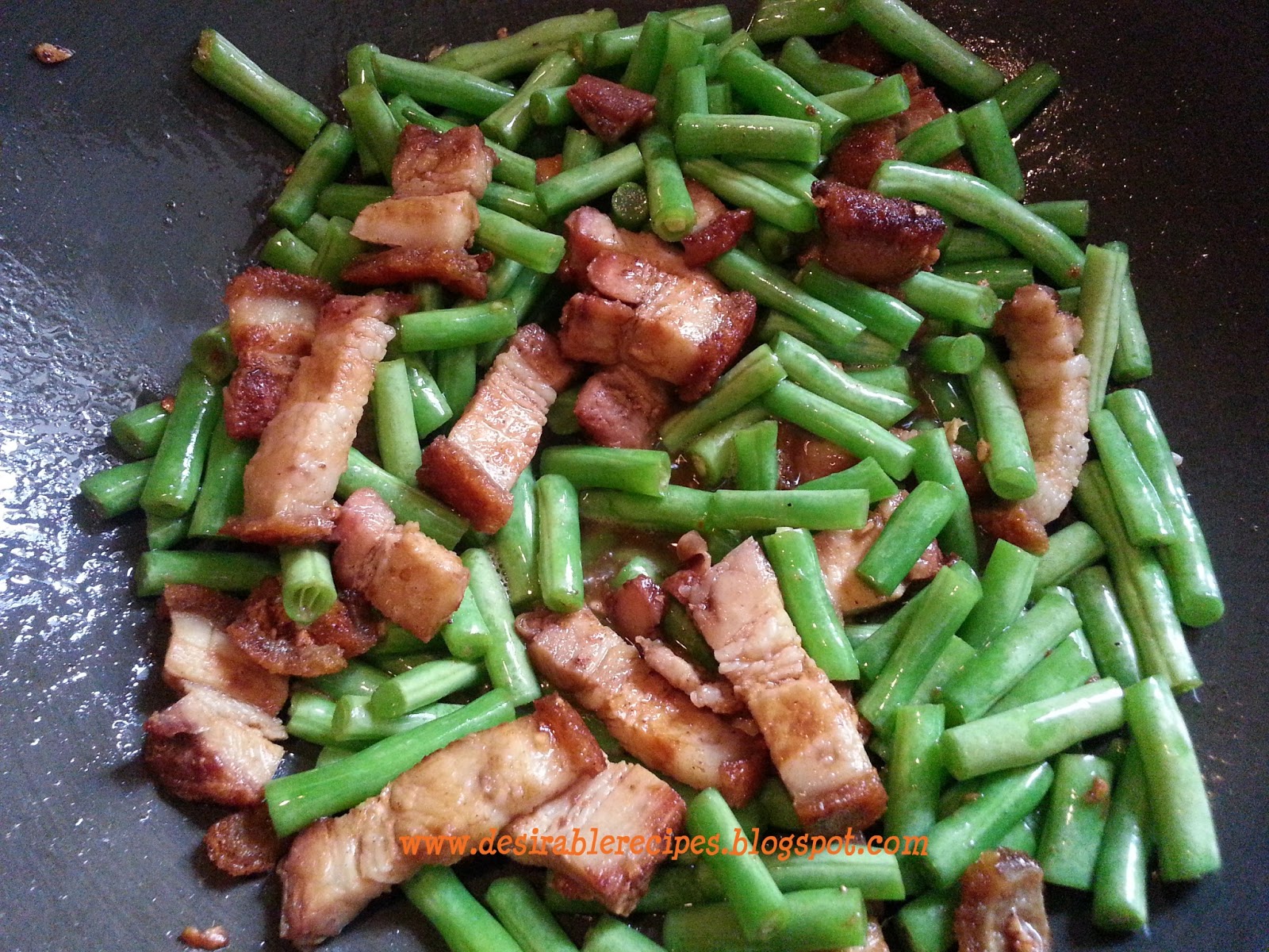 Stir Fry Roast Pork (Siew Yoke) With French Beans And Five Spice Bean Curd