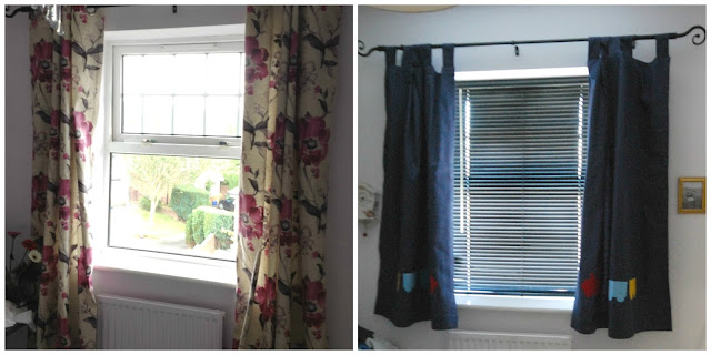 collage of two pictures left flowery right new made up curtains
