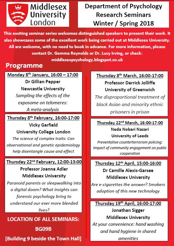 Middlesex Psychology: Winter/Spring 2018 Research Seminar Schedule