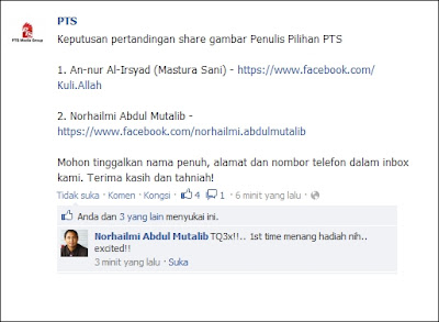 Cikgu Hailmi menang buku daripada PTS melalui Facebook