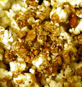 Spicy caramel corn with maple, almond, and sesame