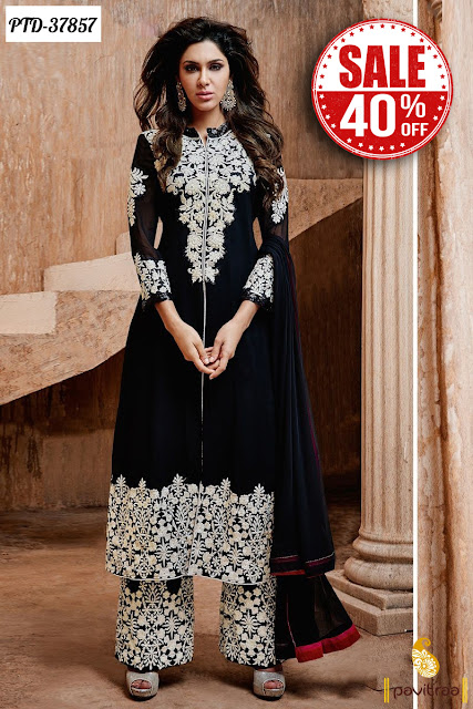 Women's Day Special Dhamaka Sale Offer Flat 40% Off On Black Georgette Designer Party Wear Salwar Suits Online Shopping at Pavitraa.in