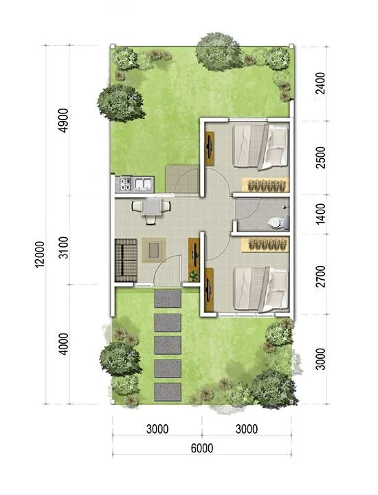 Denah Rumah minimalis Ukuran 6x12 meter 2 kamar tidur 1 lantai