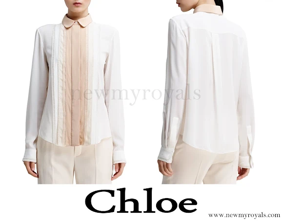Princess Madeleine wore Chloe Long Sleeve Pleat-Front Crepe Blouse