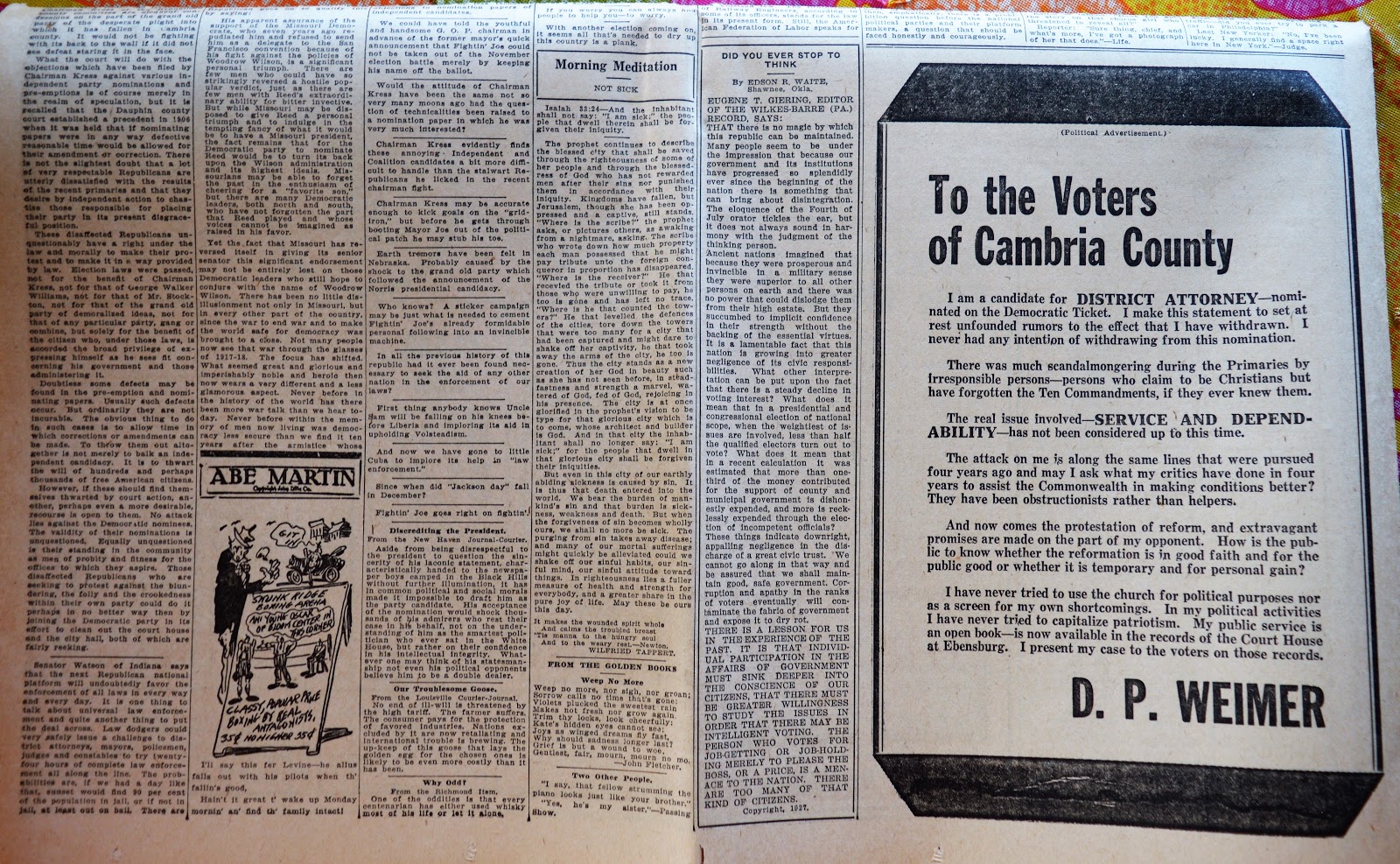 Old Johnstown Newspapers October 17, 1927 The Johnstown Democrat