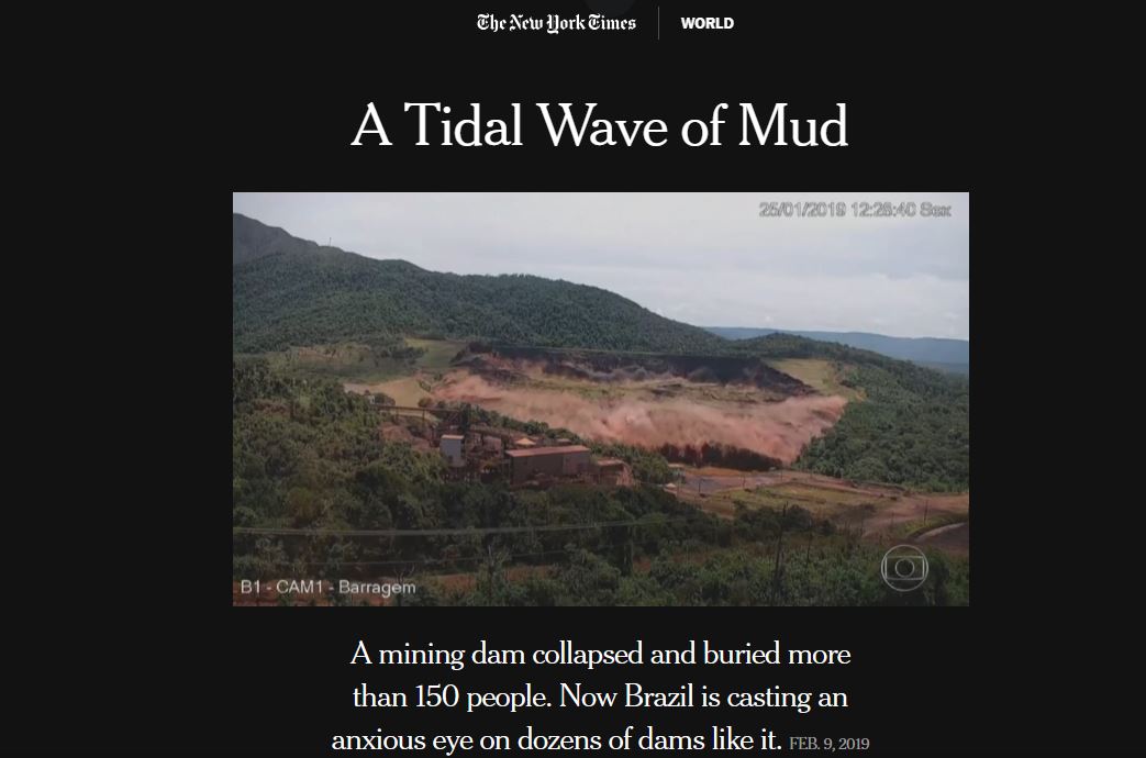 Tragédia em Brumadinho é manchete do jornal The New York Times