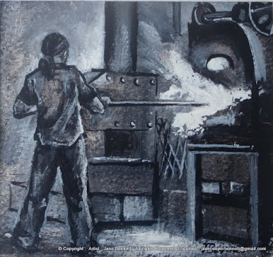 painting by industrial heritage artist Jane Bennett 'Blacksmith forging '    WINNER  Miniature Painting  Prize 2011 Royal Easter Show