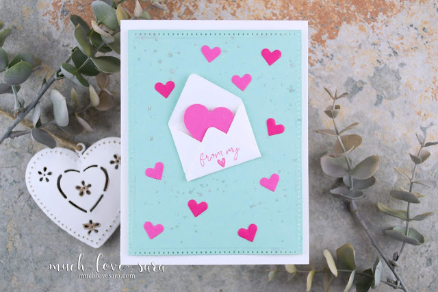 This fun card is an easy way to send lots of love to someone far away.  Using the Fun Stampers Journey Baby Envelope die, and Mini Greetings stamps.  Also using the Bunch of Hearts Die that you can get for FREE with an order of $75 or more.  