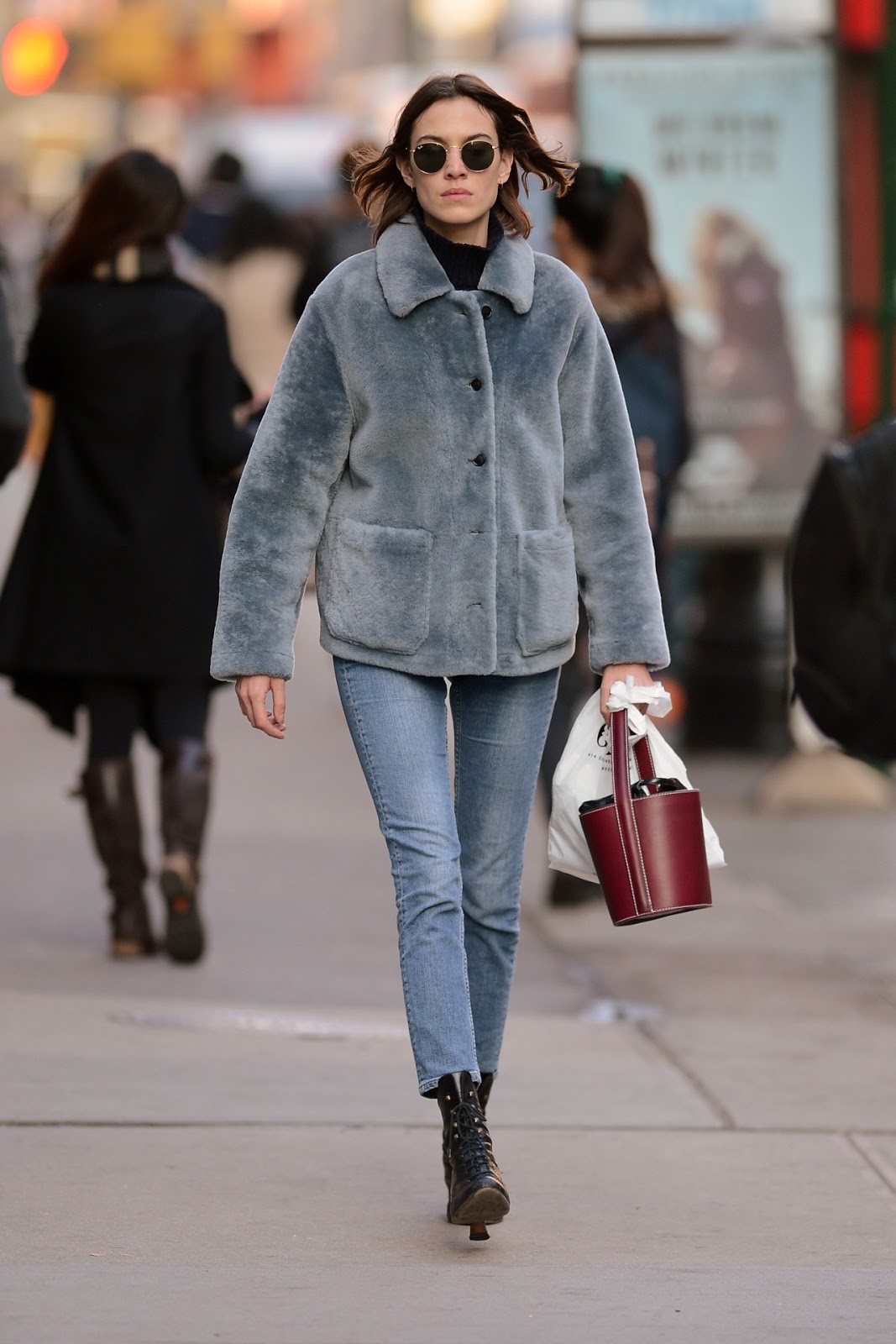 Alexa Chung Wraps Up in Blue Fur in Soho, NYC - The Front Row View