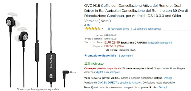 Offerta lampo Amazon: auricolari OVC H15 con tecnologia ANC a 29 euro