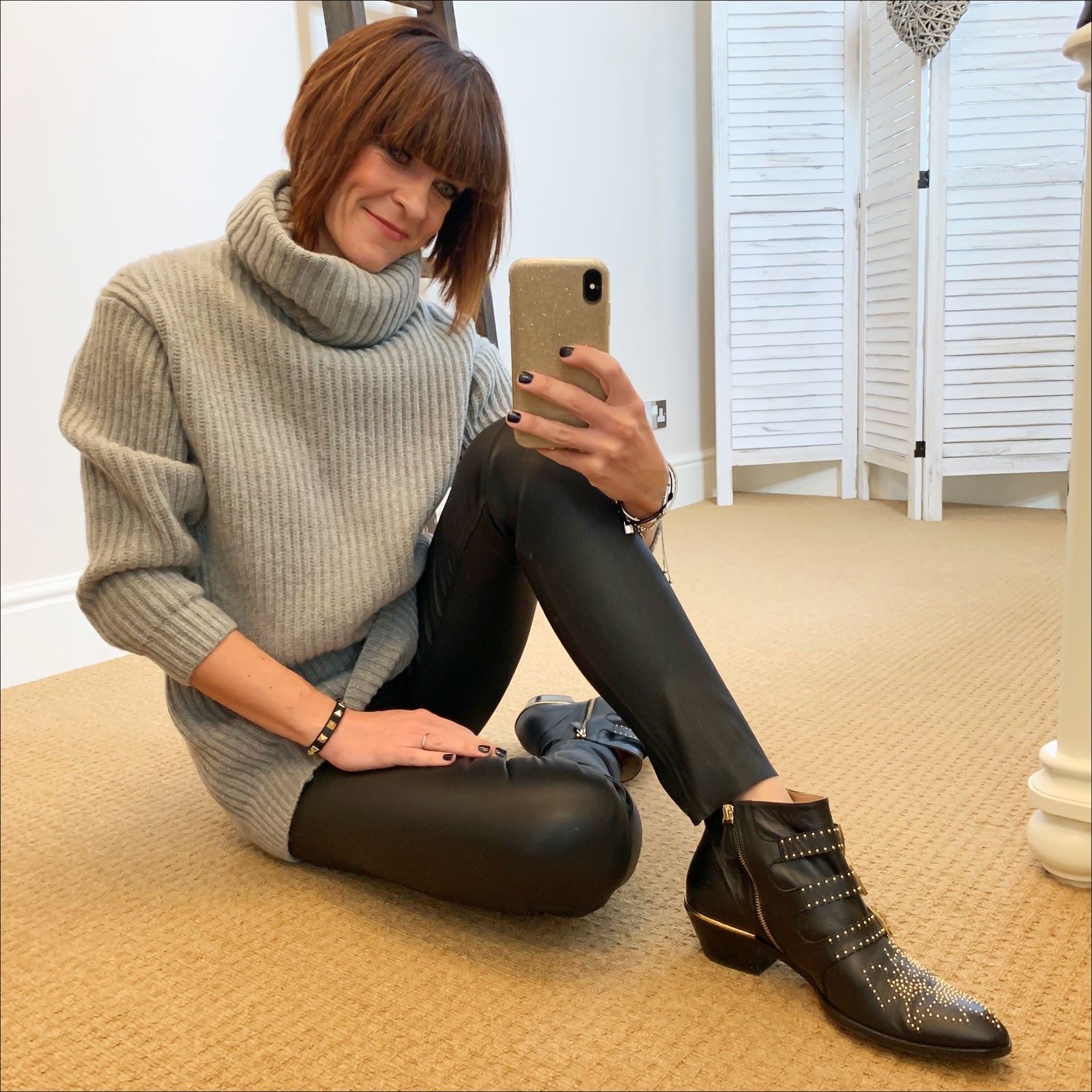 my midlife fashion, acne studios chunky knit roll neck jumper, hush leather leggings, chloe susanna studded ankle boots