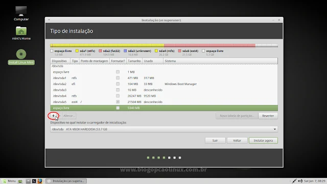Selecione o espaço livre em disco e clique no ícone "+"