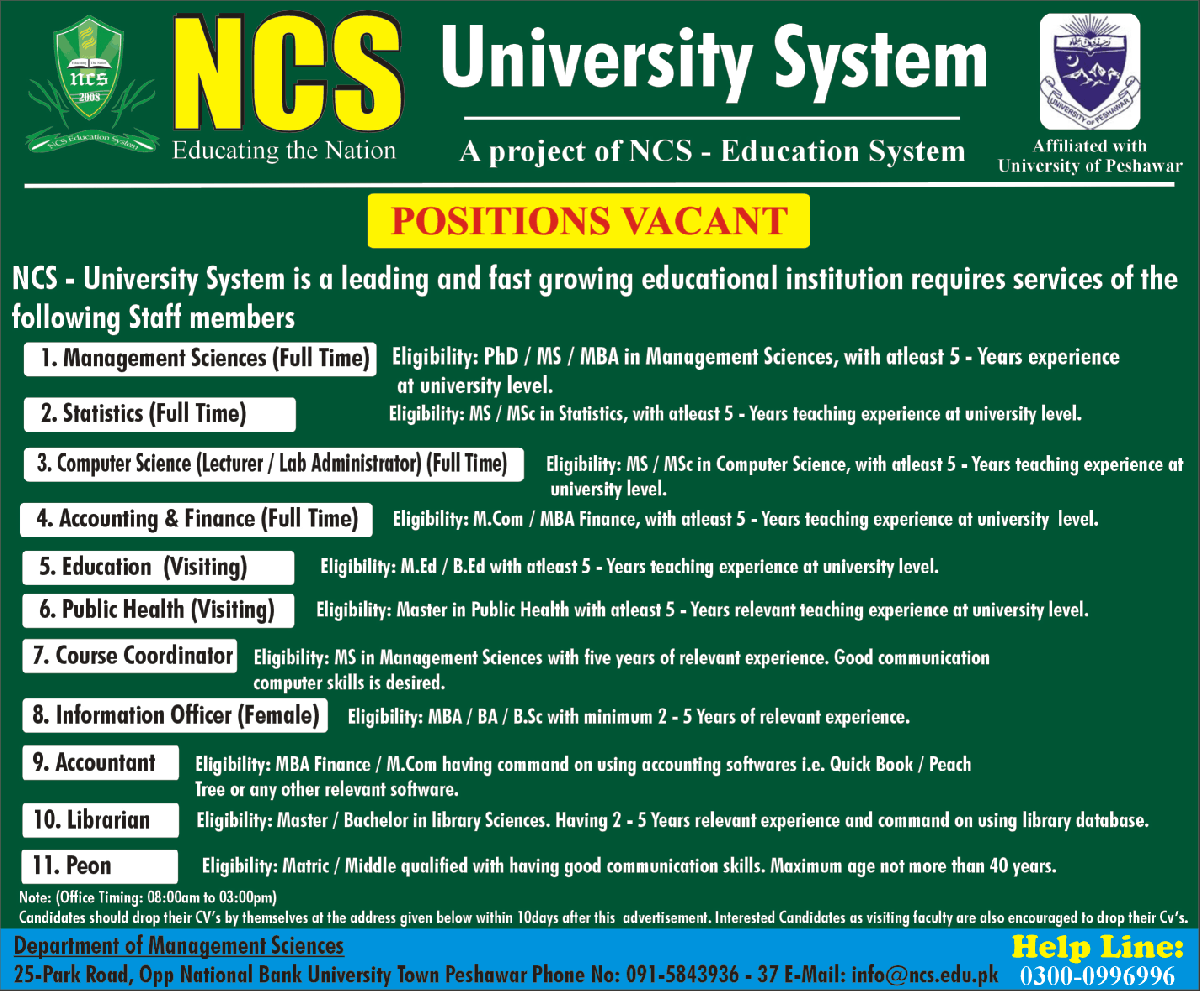 Ncs University System Peshawar Jobs Jobs In Pakistan Dawnjang