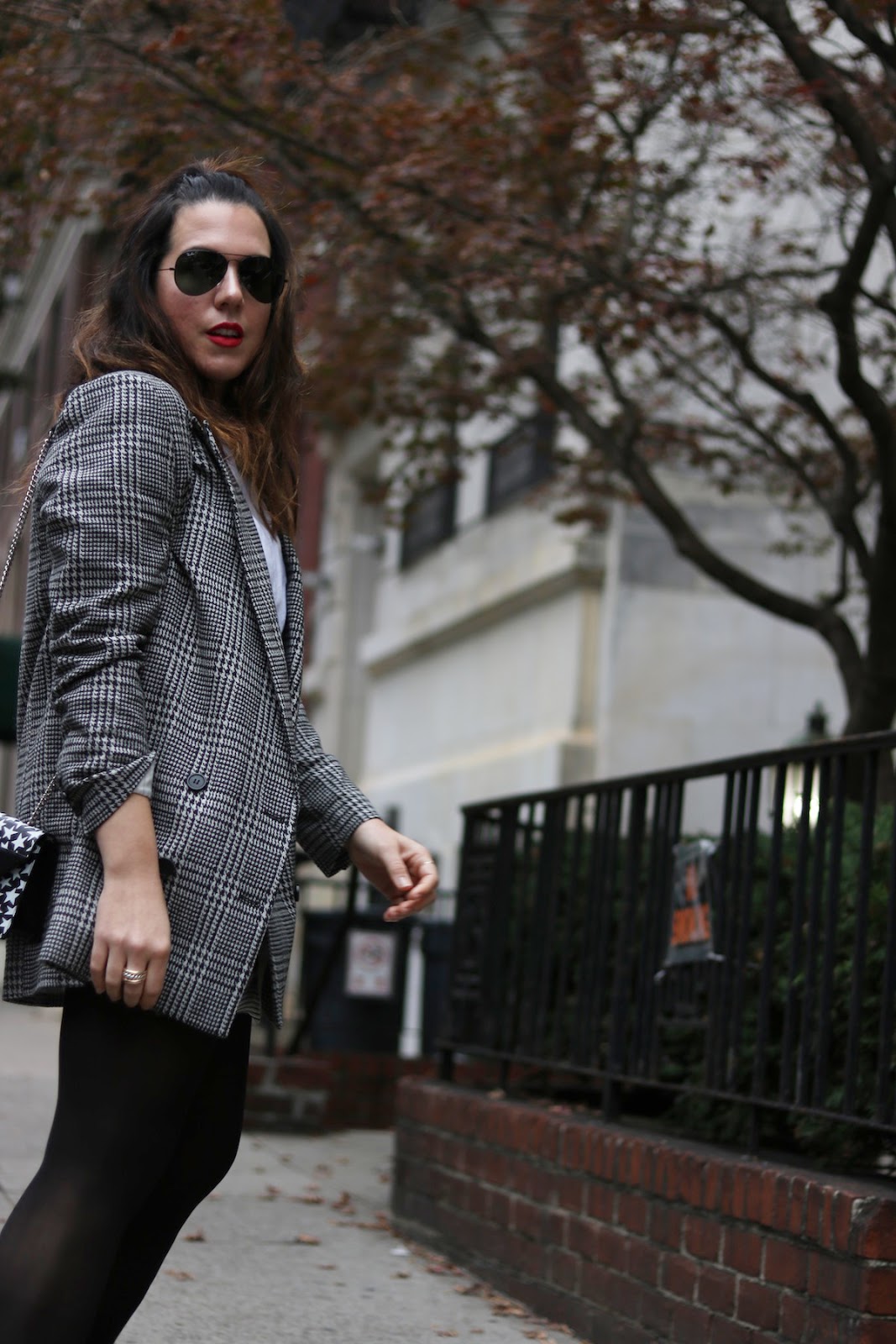 Le Chateau houndstooth skirt h&m oversized plaid blazer cute winter outfit ysl star handbag
