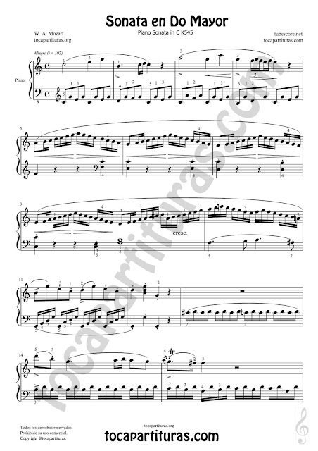 Sonataº 16 en Do Mayor K545 Partitura de Piano Completa con digitación (Fingering Piano Sonata in C Mayor Sheet Music)