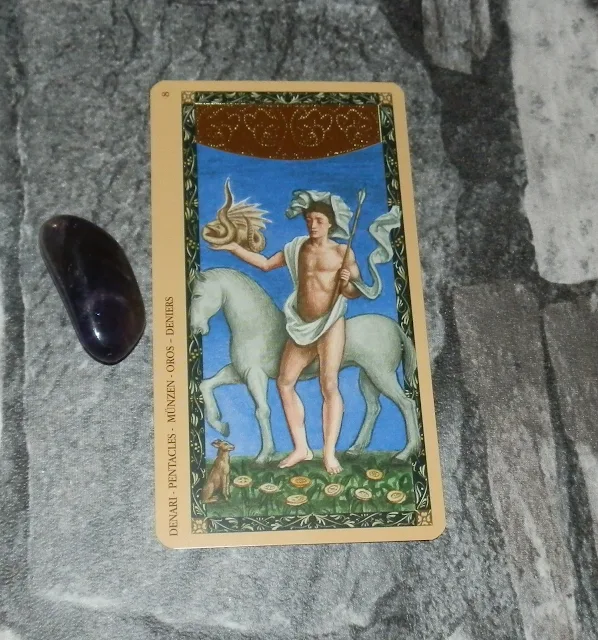 Card of The Day: 8 of Pentacles  Golden Tarot of The Renaissance