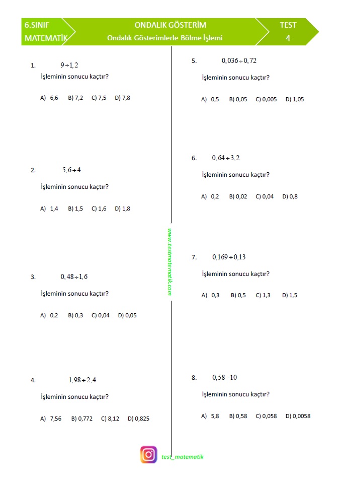 6 Sinif Ondalik Gosterimler Ile Bolme Islemi Test Test Matematik