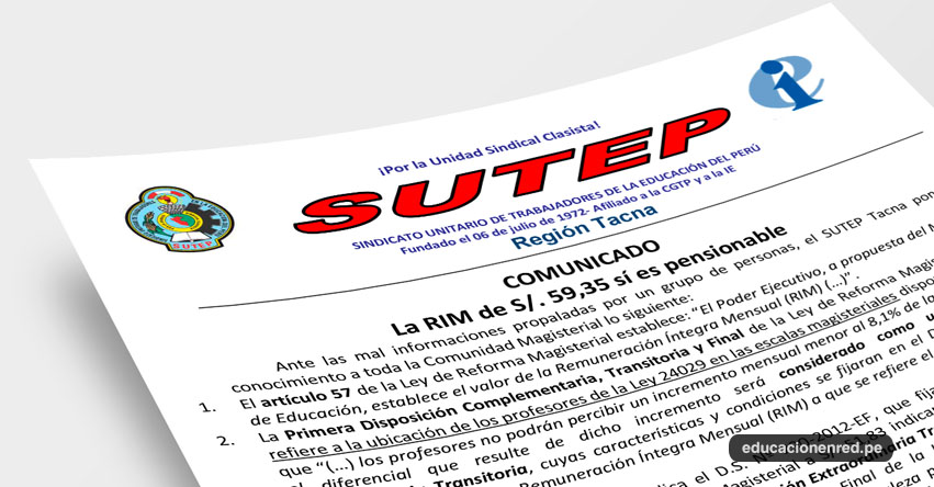 COMUNICADO SUTEP: La RIM de S/. 59,35 sí es pensionable COMUNICADO SUTEP: La RIM de S/. 59,35 sí es pensionable