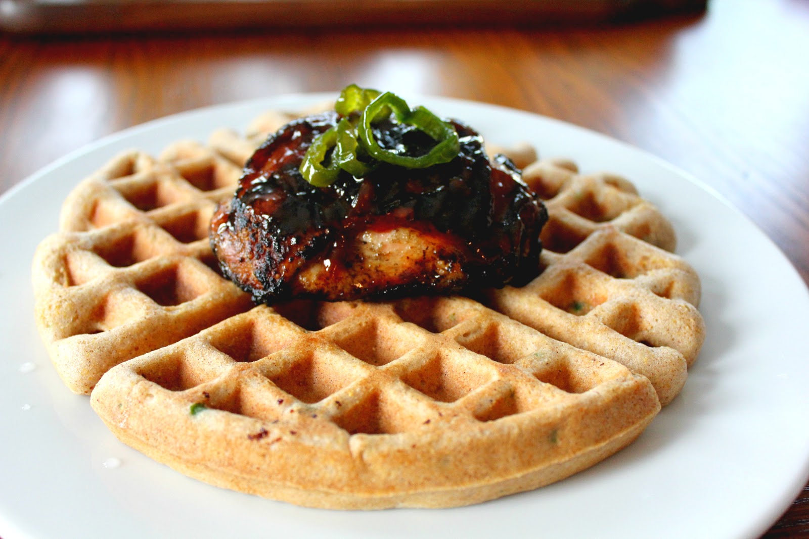 Our Good Life Jalapeno Pumpkin Waffles with BBQ Chicken Thighs 
