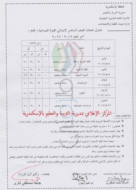 جدول إمتحانات الصف السادس الابتدائي 2017 الترم الثاني محافظة إسكندرية جدول إمتحانات الصف السادس الابتدائي 2017 الترم الثاني محافظة إسكندرية