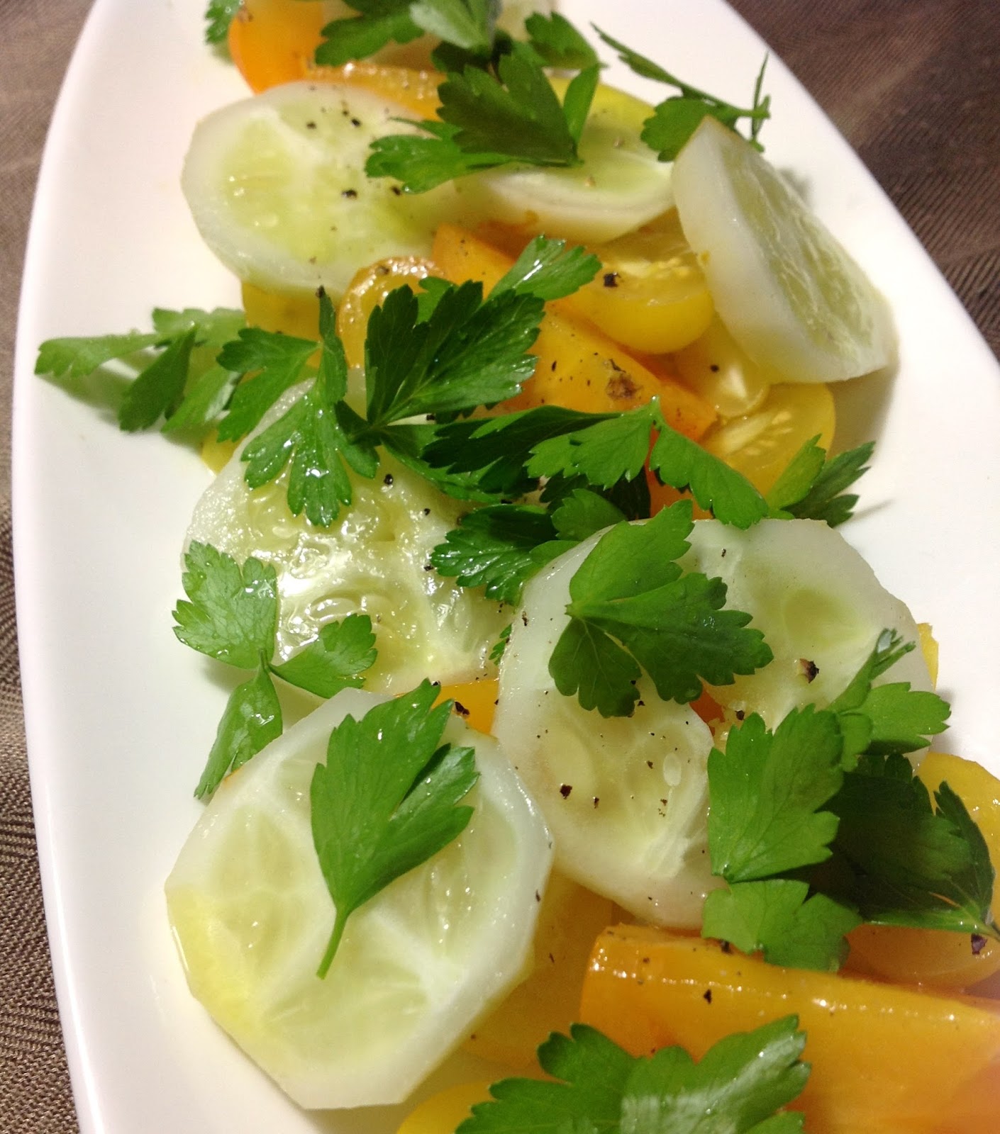 Greg's World on a Plate Garden Heirloom Tomato and Cucumber Salad